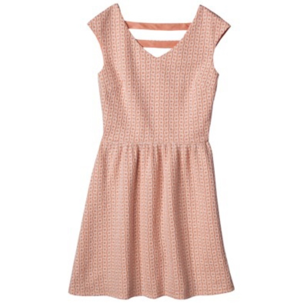 XHILERATION • TEXTURED KNIT PEACH GEOMETRIC PRINT FIT & FLARE DRESS - XS